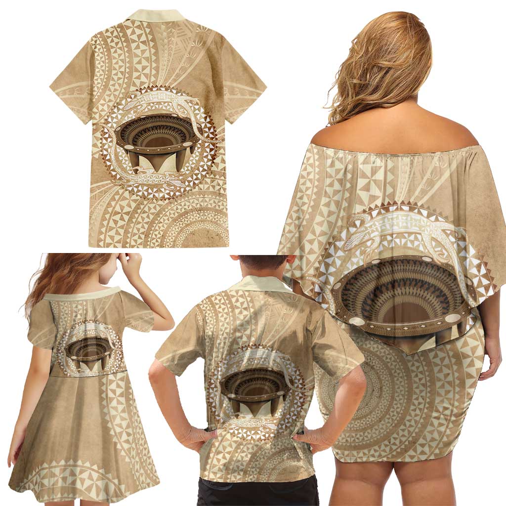 Tonga Skink Kava Bowl Family Matching Off Shoulder Short Dress and Hawaiian Shirt Vintage Tongan Ngatu Pattern