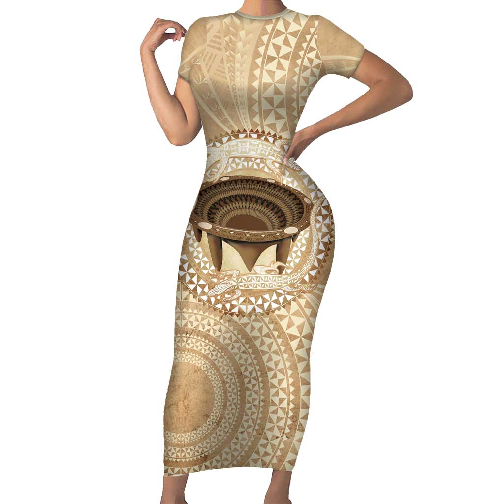 Tonga Skink Kava Bowl Family Matching Short Sleeve Bodycon Dress and Hawaiian Shirt Vintage Tongan Ngatu Pattern