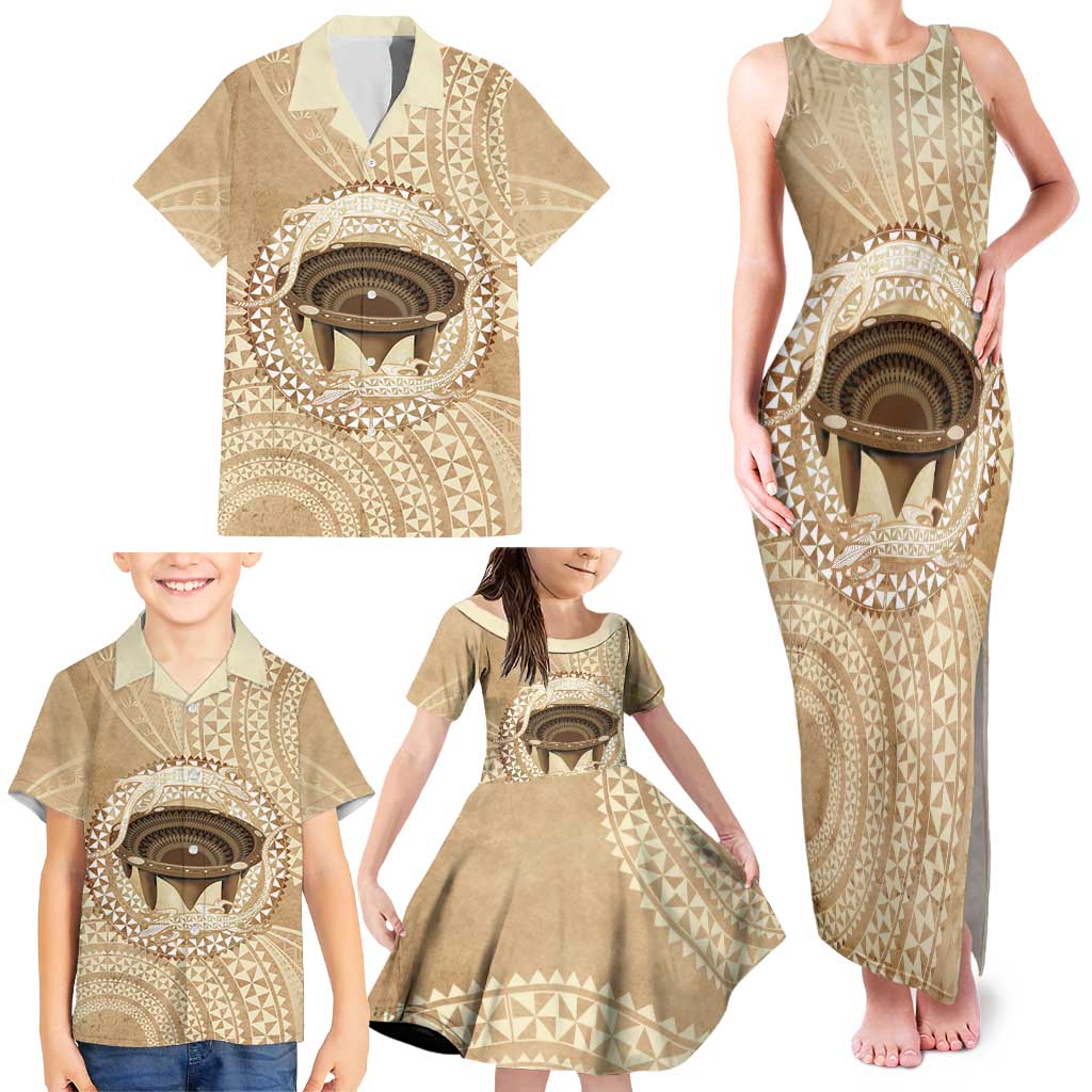 Tonga Skink Kava Bowl Family Matching Tank Maxi Dress and Hawaiian Shirt Vintage Tongan Ngatu Pattern