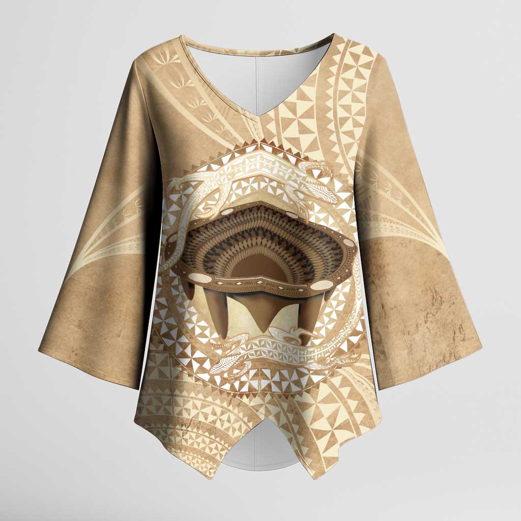 Tonga Skink Kava Bowl Kimono Sleeve Blouse Vintage Tongan Ngatu Pattern LT14 Female Brown - Polynesian Pride