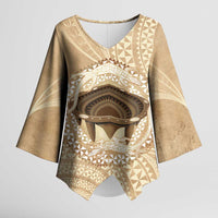 Tonga Skink Kava Bowl Kimono Sleeve Blouse Vintage Tongan Ngatu Pattern LT14 Female Brown - Polynesian Pride