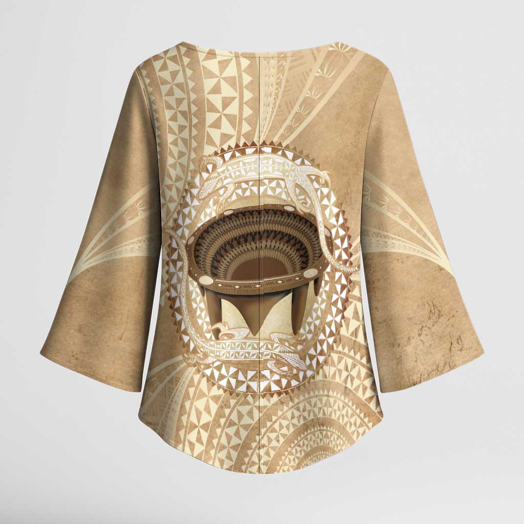 Tonga Skink Kava Bowl Kimono Sleeve Blouse Vintage Tongan Ngatu Pattern LT14 - Polynesian Pride