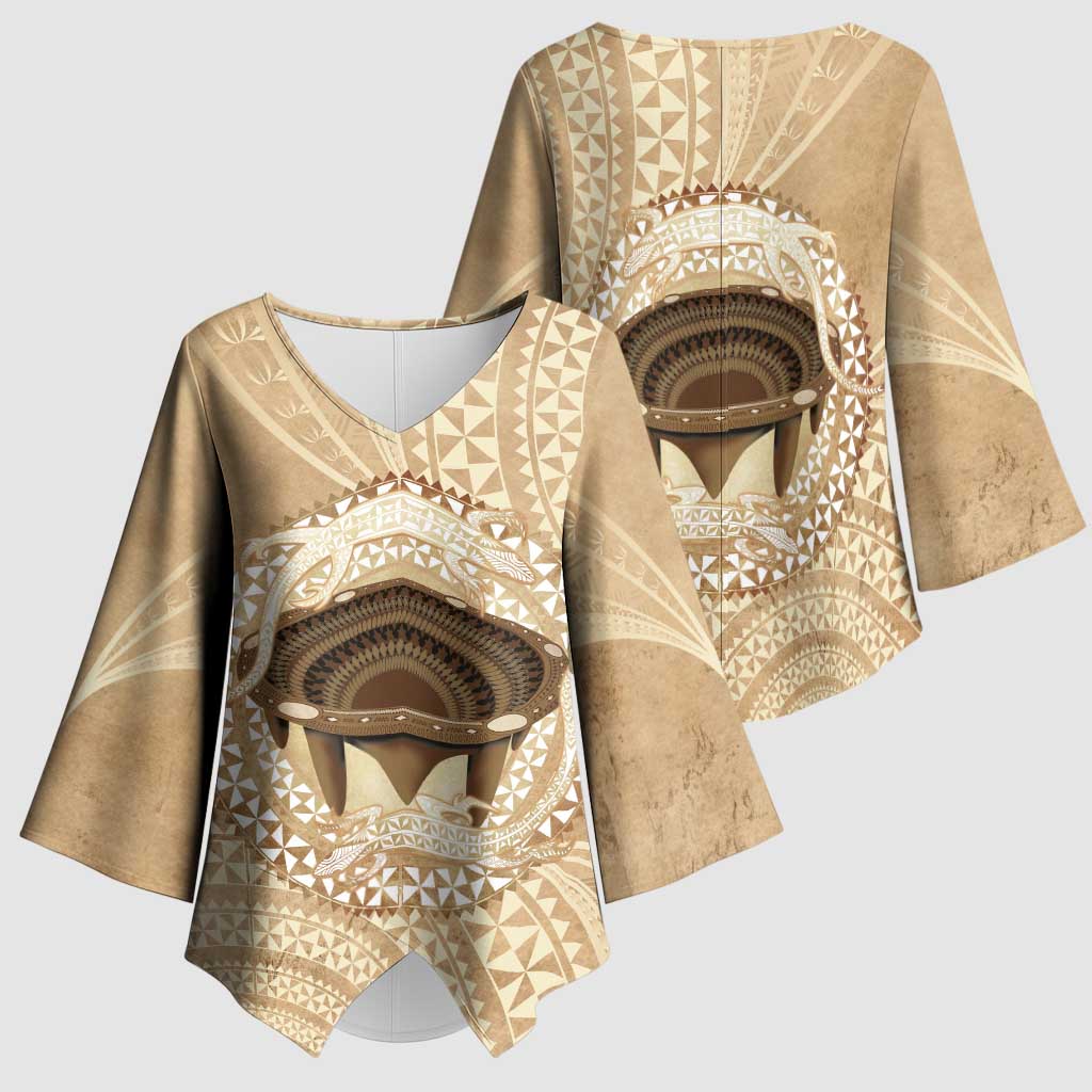 Tonga Skink Kava Bowl Kimono Sleeve Blouse Vintage Tongan Ngatu Pattern LT14 - Polynesian Pride