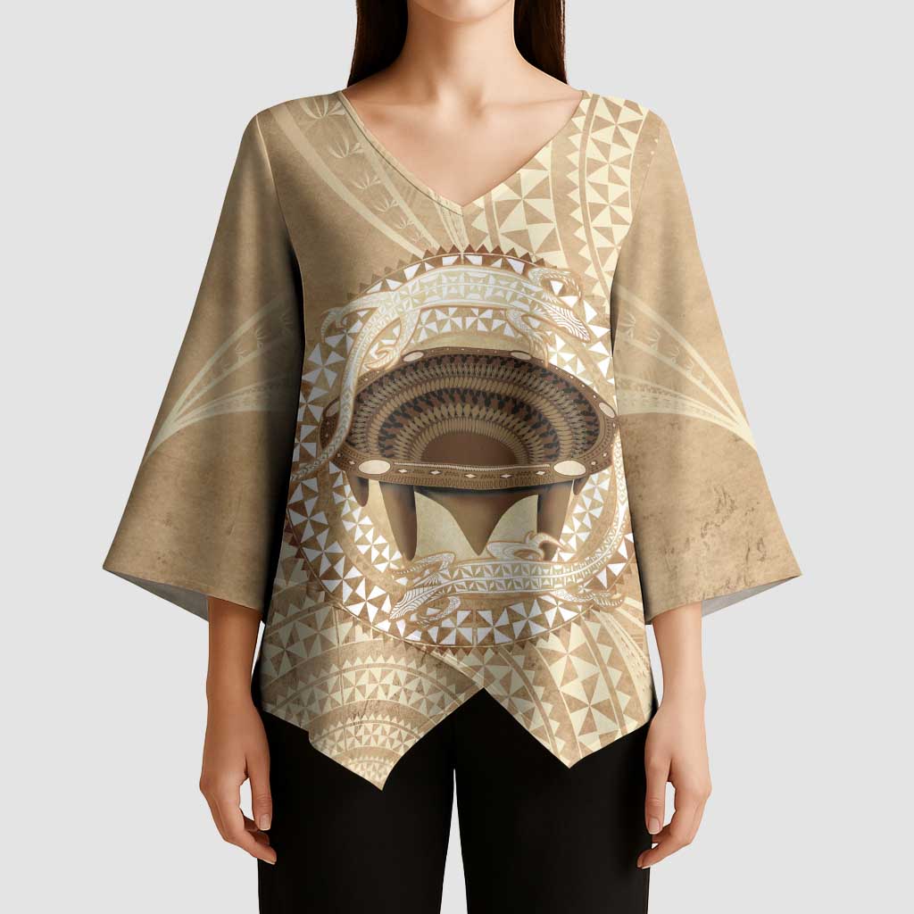 Tonga Skink Kava Bowl Kimono Sleeve Blouse Vintage Tongan Ngatu Pattern LT14 - Polynesian Pride