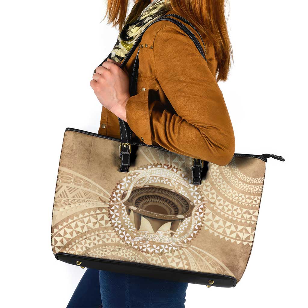 Tonga Skink Kava Bowl Leather Tote Bag Vintage Tongan Ngatu Pattern LT14 Brown - Polynesian Pride