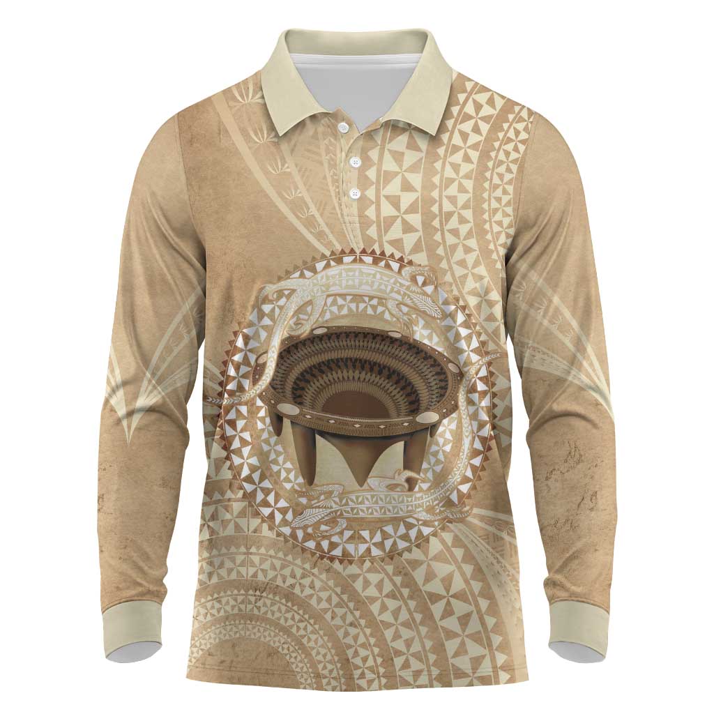 Tonga Skink Kava Bowl Long Sleeve Polo Shirt Vintage Tongan Ngatu Pattern