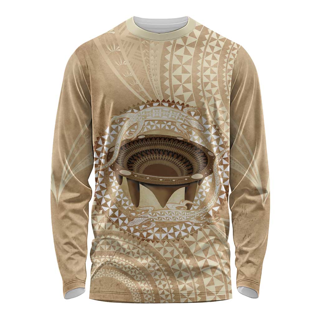 Tonga Skink Kava Bowl Long Sleeve Shirt Vintage Tongan Ngatu Pattern LT14 Unisex Brown - Polynesian Pride