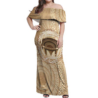 Tonga Skink Kava Bowl Off Shoulder Maxi Dress Vintage Tongan Ngatu Pattern LT14 Women Brown - Polynesian Pride