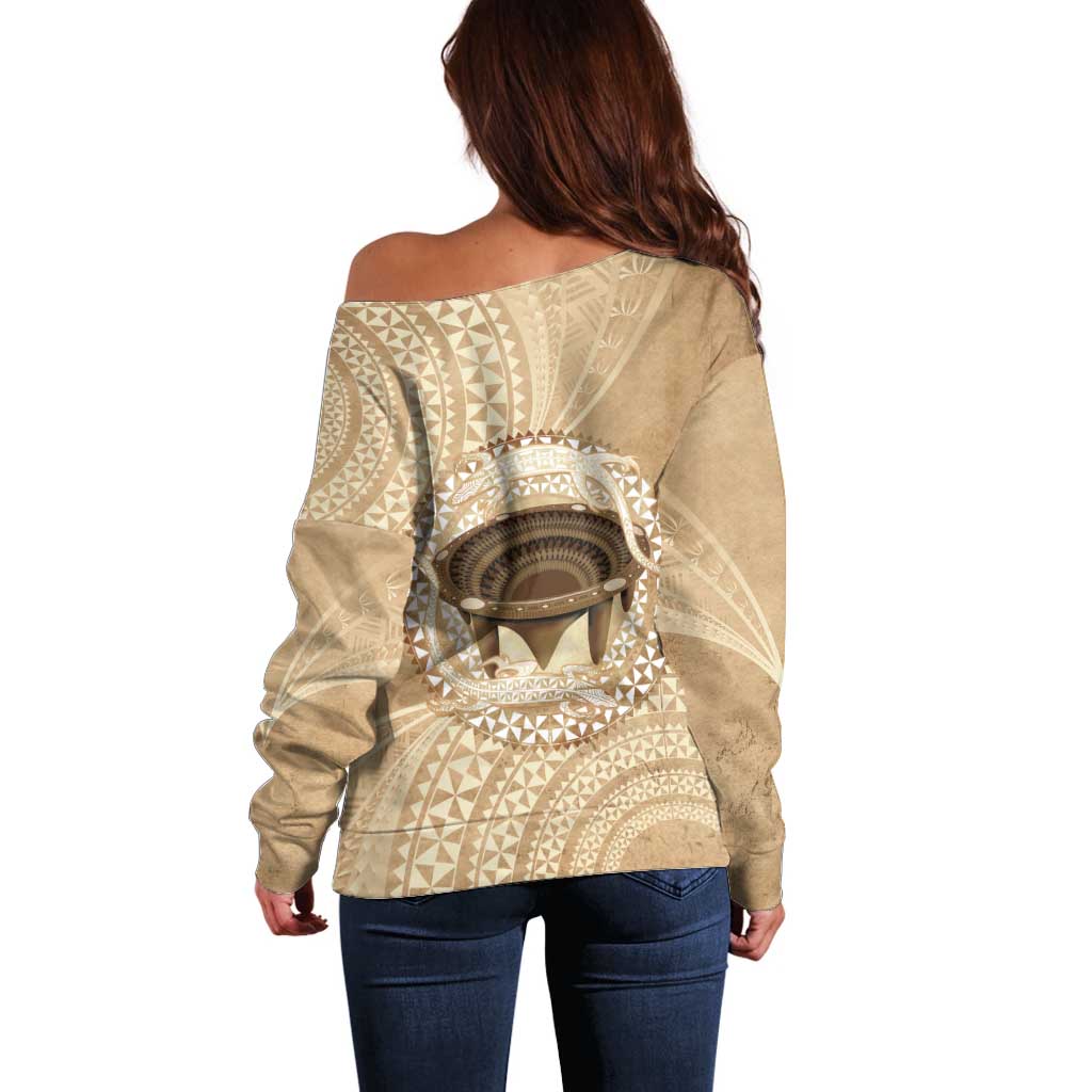 Tonga Skink Kava Bowl Off Shoulder Sweater Vintage Tongan Ngatu Pattern
