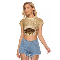 Tonga Skink Kava Bowl Raglan Cropped T Shirt Vintage Tongan Ngatu Pattern LT14 Female Brown - Polynesian Pride