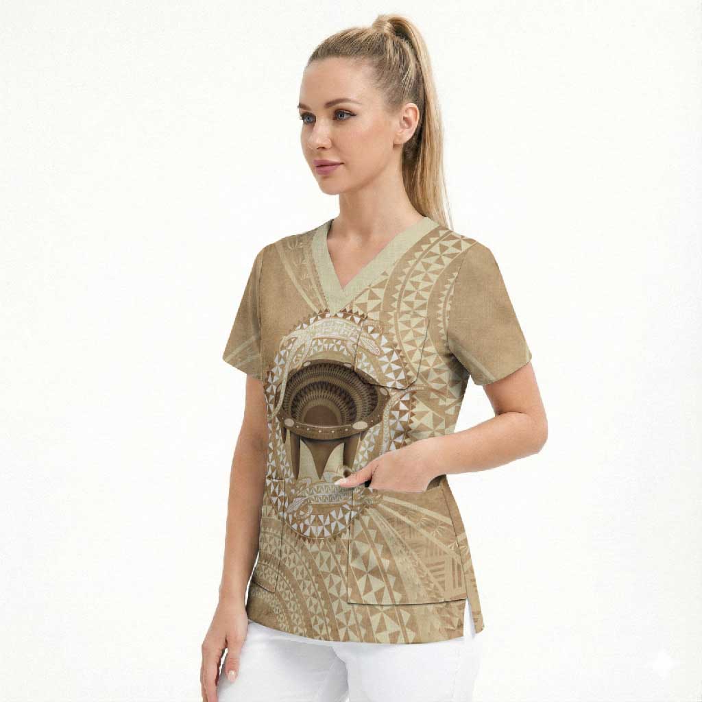 Tonga Skink Kava Bowl Scrub Top Vintage Tongan Ngatu Pattern