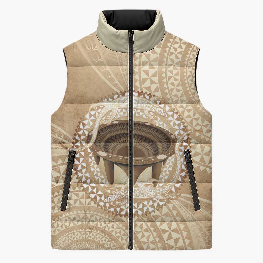 Tonga Skink Kava Bowl Sleeveless Puffer Jacket Vintage Tongan Ngatu Pattern