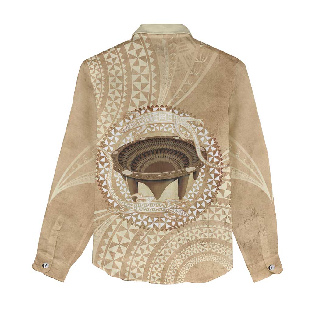 Tonga Skink Kava Bowl Women Casual Shirt Vintage Tongan Ngatu Pattern