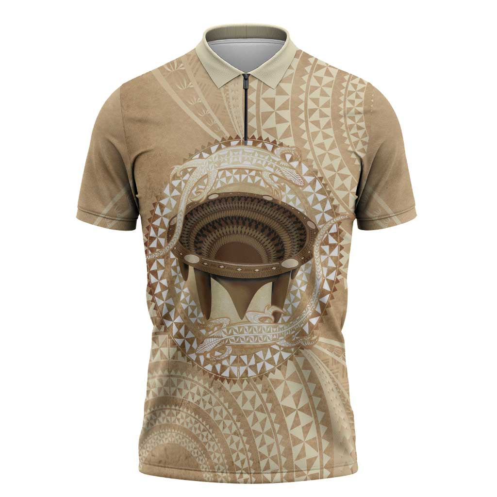 Tonga Skink Kava Bowl Zipper Polo Shirt Vintage Tongan Ngatu Pattern