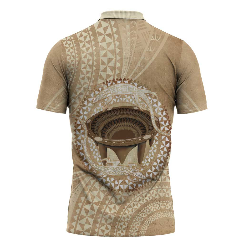 Tonga Skink Kava Bowl Zipper Polo Shirt Vintage Tongan Ngatu Pattern