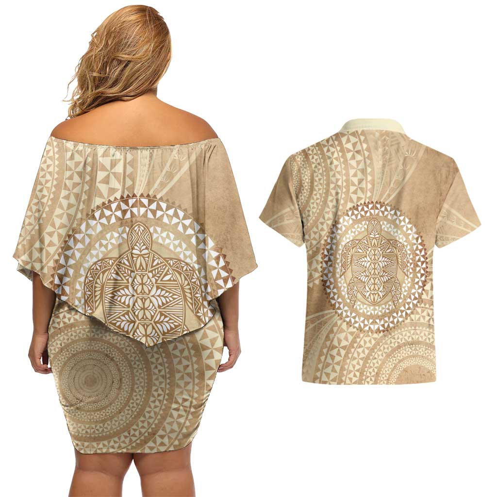 Tonga Ngatu Turtle Couples Matching Off Shoulder Short Dress and Hawaiian Shirt Vintage Tongan Tapa Cloth