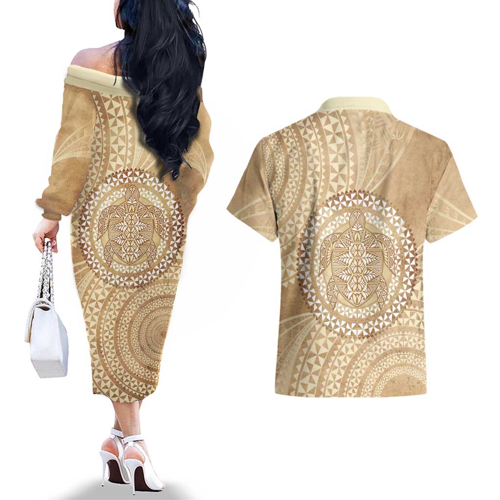 Tonga Ngatu Turtle Couples Matching Off The Shoulder Long Sleeve Dress and Hawaiian Shirt Vintage Tongan Tapa Cloth