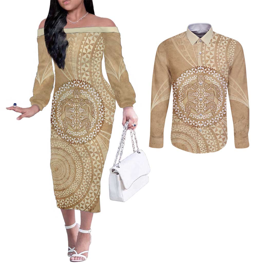 Tonga Ngatu Turtle Couples Matching Off The Shoulder Long Sleeve Dress and Long Sleeve Button Shirt Vintage Tongan Tapa Cloth