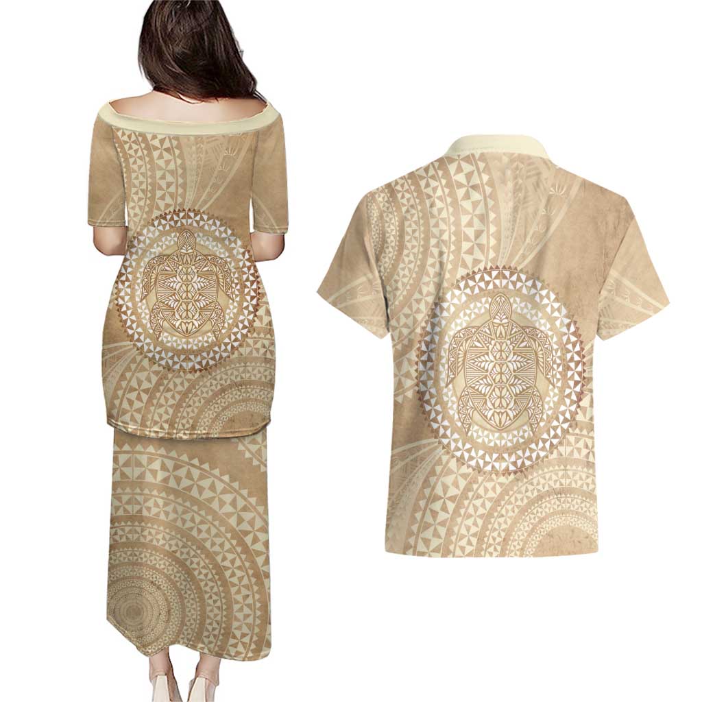 Tonga Ngatu Turtle Couples Matching Puletasi and Hawaiian Shirt Vintage Tongan Tapa Cloth