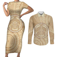 Tonga Ngatu Turtle Couples Matching Short Sleeve Bodycon Dress and Long Sleeve Button Shirt Vintage Tongan Tapa Cloth