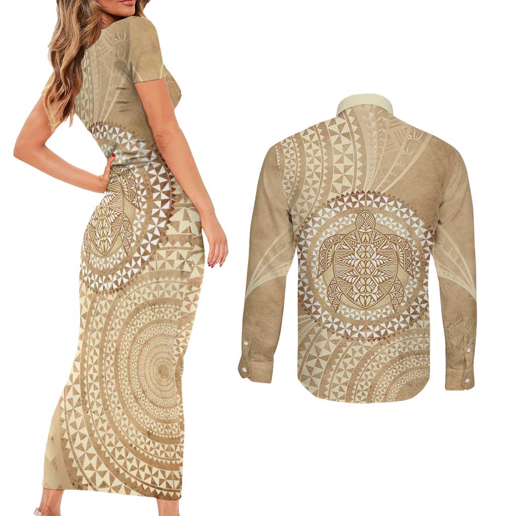 Tonga Ngatu Turtle Couples Matching Short Sleeve Bodycon Dress and Long Sleeve Button Shirt Vintage Tongan Tapa Cloth