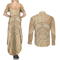 Tonga Ngatu Turtle Couples Matching Summer Maxi Dress and Long Sleeve Button Shirt Vintage Tongan Tapa Cloth