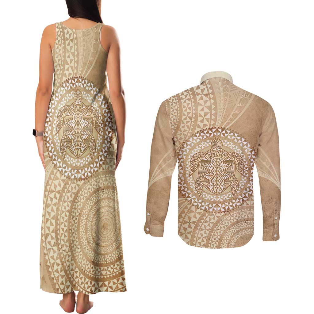 Tonga Ngatu Turtle Couples Matching Tank Maxi Dress and Long Sleeve Button Shirt Vintage Tongan Tapa Cloth