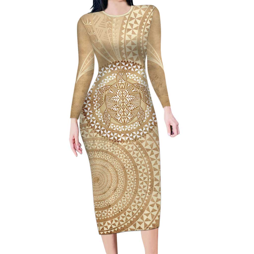 Tonga Ngatu Turtle Family Matching Long Sleeve Bodycon Dress and Hawaiian Shirt Vintage Tongan Tapa Cloth