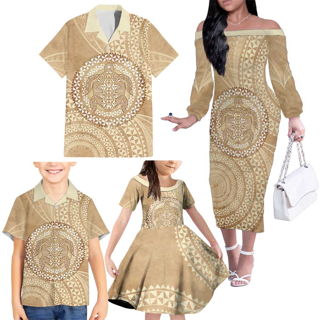Tonga Ngatu Turtle Family Matching Off The Shoulder Long Sleeve Dress and Hawaiian Shirt Vintage Tongan Tapa Cloth