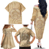 Tonga Ngatu Turtle Family Matching Off The Shoulder Long Sleeve Dress and Hawaiian Shirt Vintage Tongan Tapa Cloth