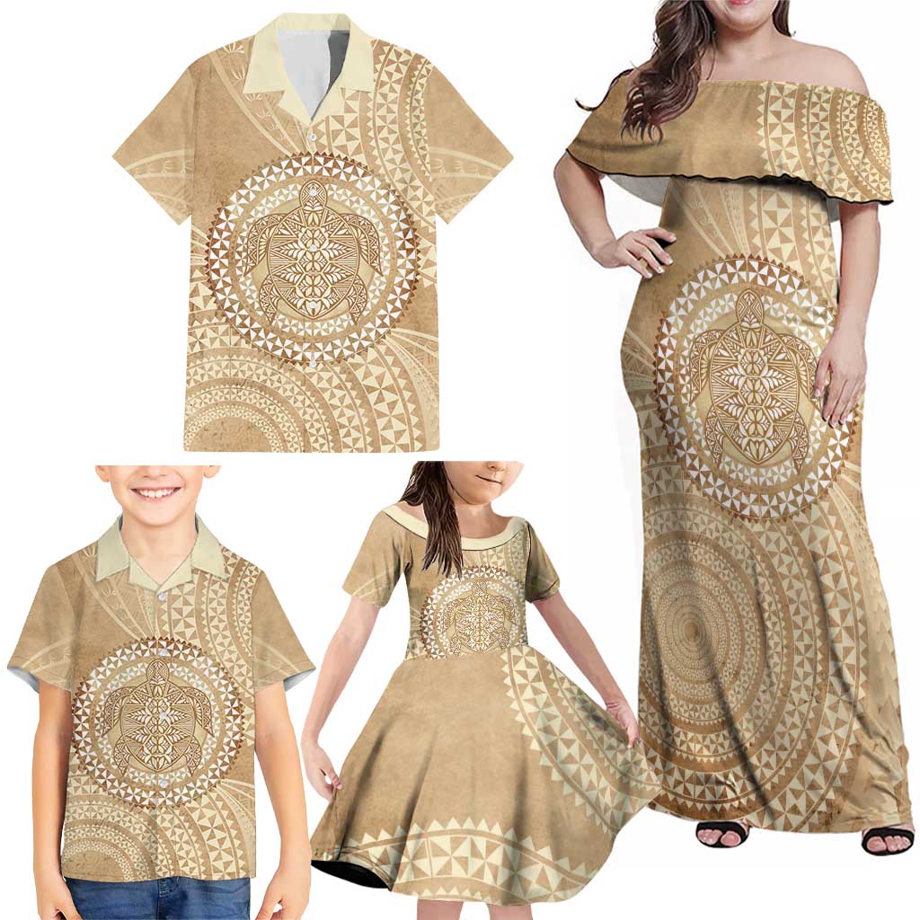 Tonga Ngatu Turtle Family Matching Off Shoulder Maxi Dress and Hawaiian Shirt Vintage Tongan Tapa Cloth