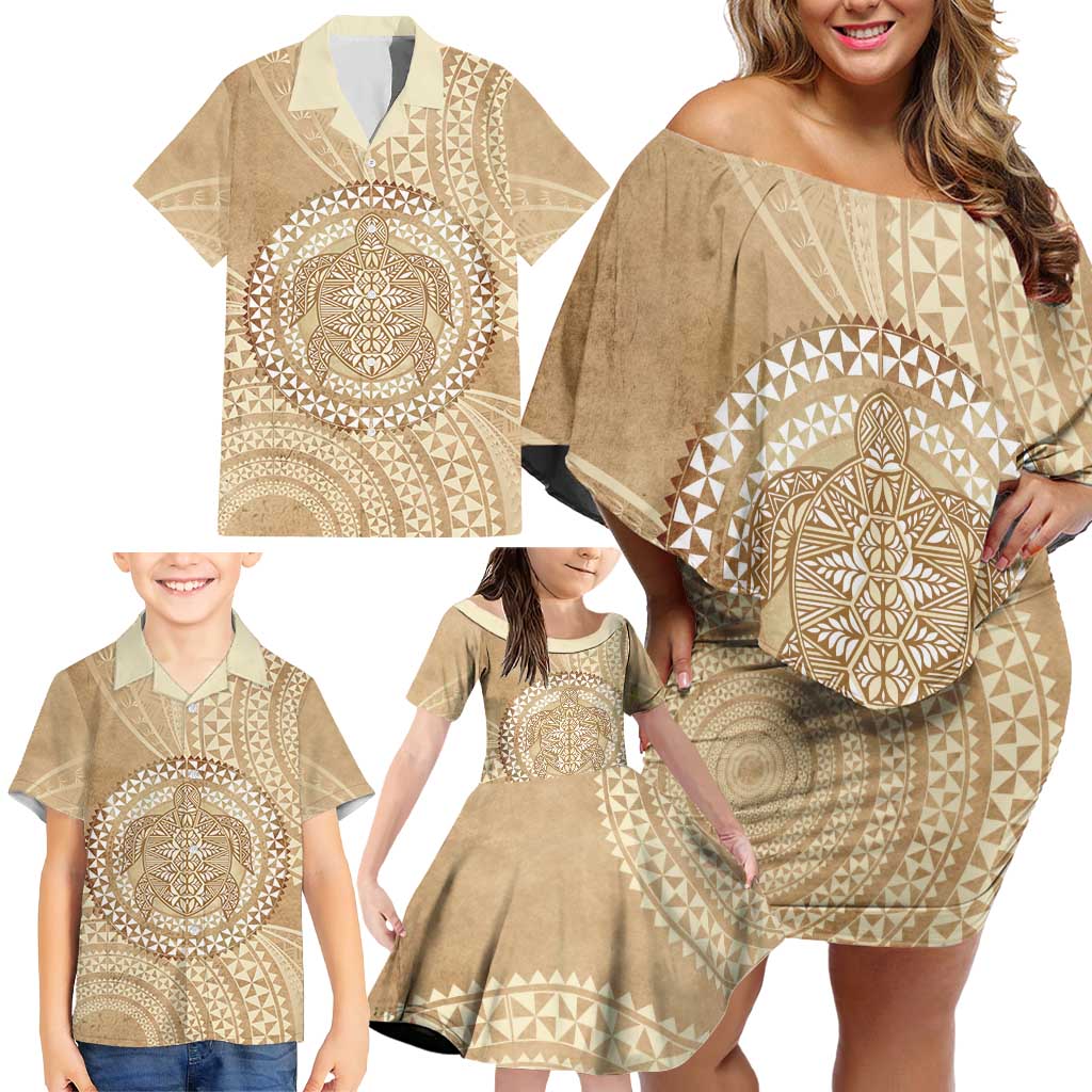 Tonga Ngatu Turtle Family Matching Off Shoulder Short Dress and Hawaiian Shirt Vintage Tongan Tapa Cloth