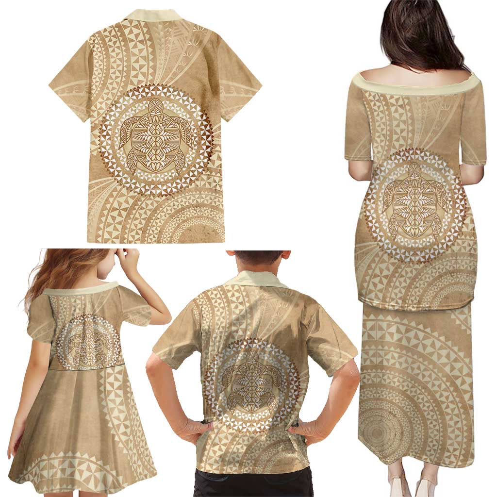 Tonga Ngatu Turtle Family Matching Puletasi and Hawaiian Shirt Vintage Tongan Tapa Cloth