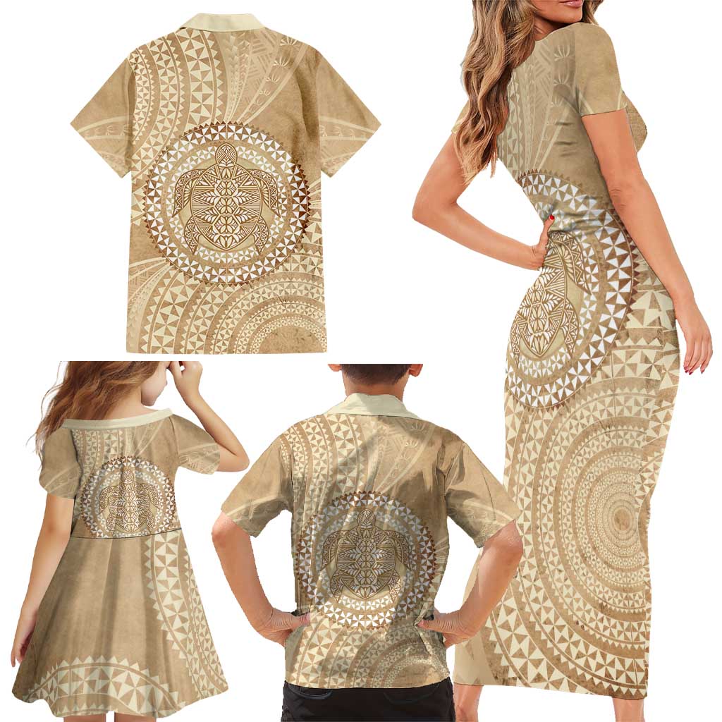 Tonga Ngatu Turtle Family Matching Short Sleeve Bodycon Dress and Hawaiian Shirt Vintage Tongan Tapa Cloth