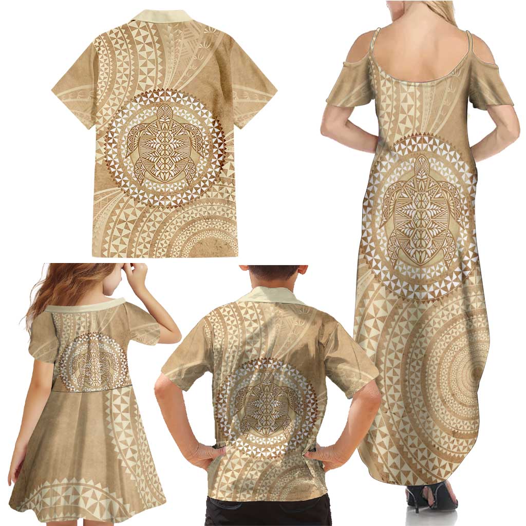 Tonga Ngatu Turtle Family Matching Summer Maxi Dress and Hawaiian Shirt Vintage Tongan Tapa Cloth