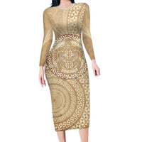 Tonga Ngatu Turtle Long Sleeve Bodycon Dress Vintage Tongan Tapa Cloth