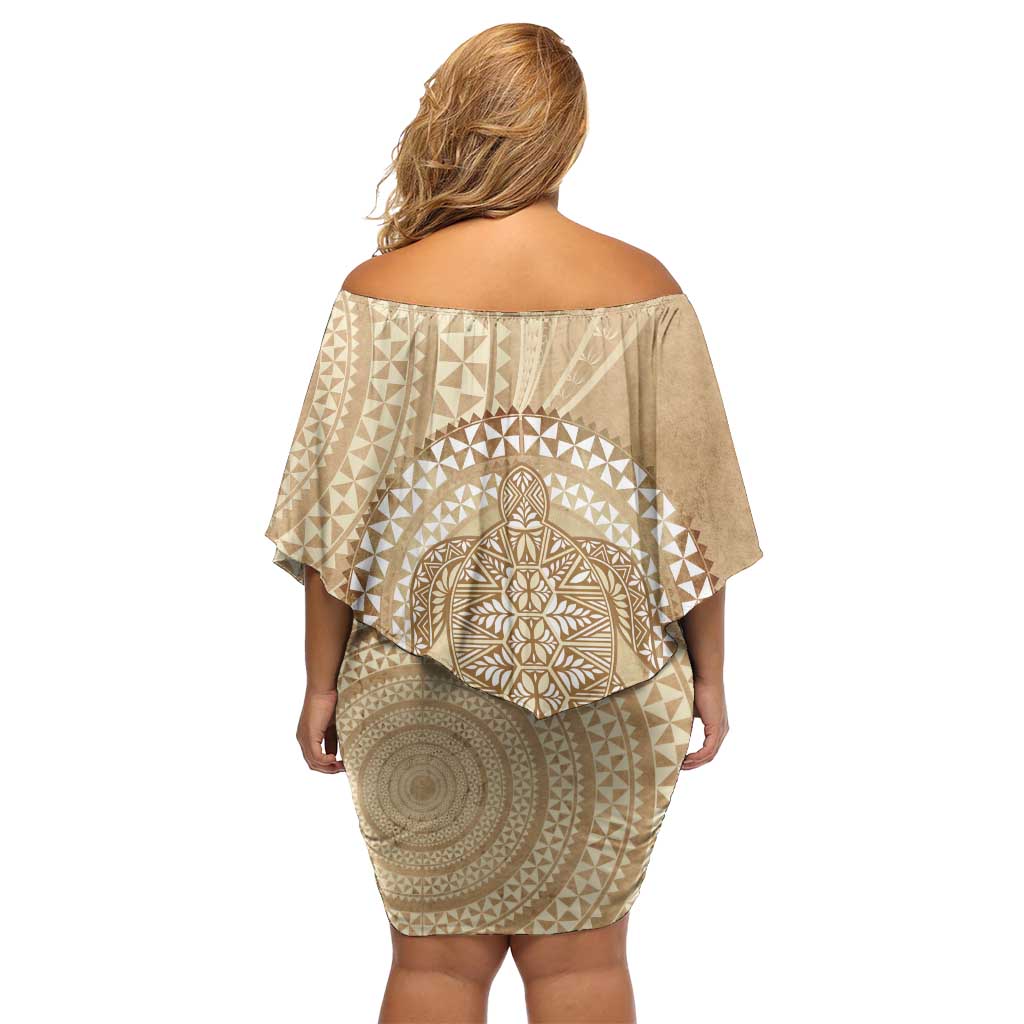 Tonga Ngatu Turtle Off Shoulder Short Dress Vintage Tongan Tapa Cloth LT14 - Polynesian Pride