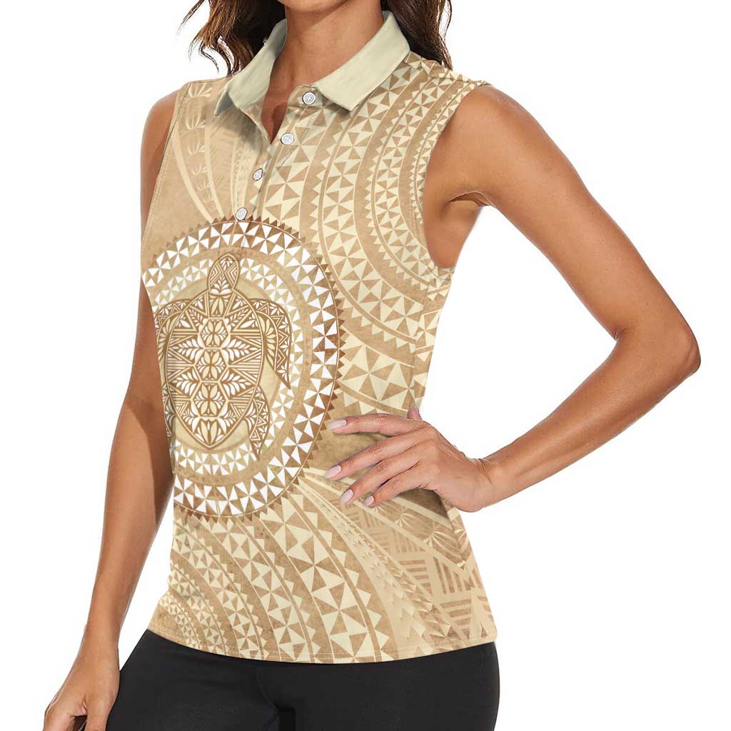 Tonga Ngatu Turtle Women Sleeveless Polo Shirt Vintage Tongan Tapa Cloth