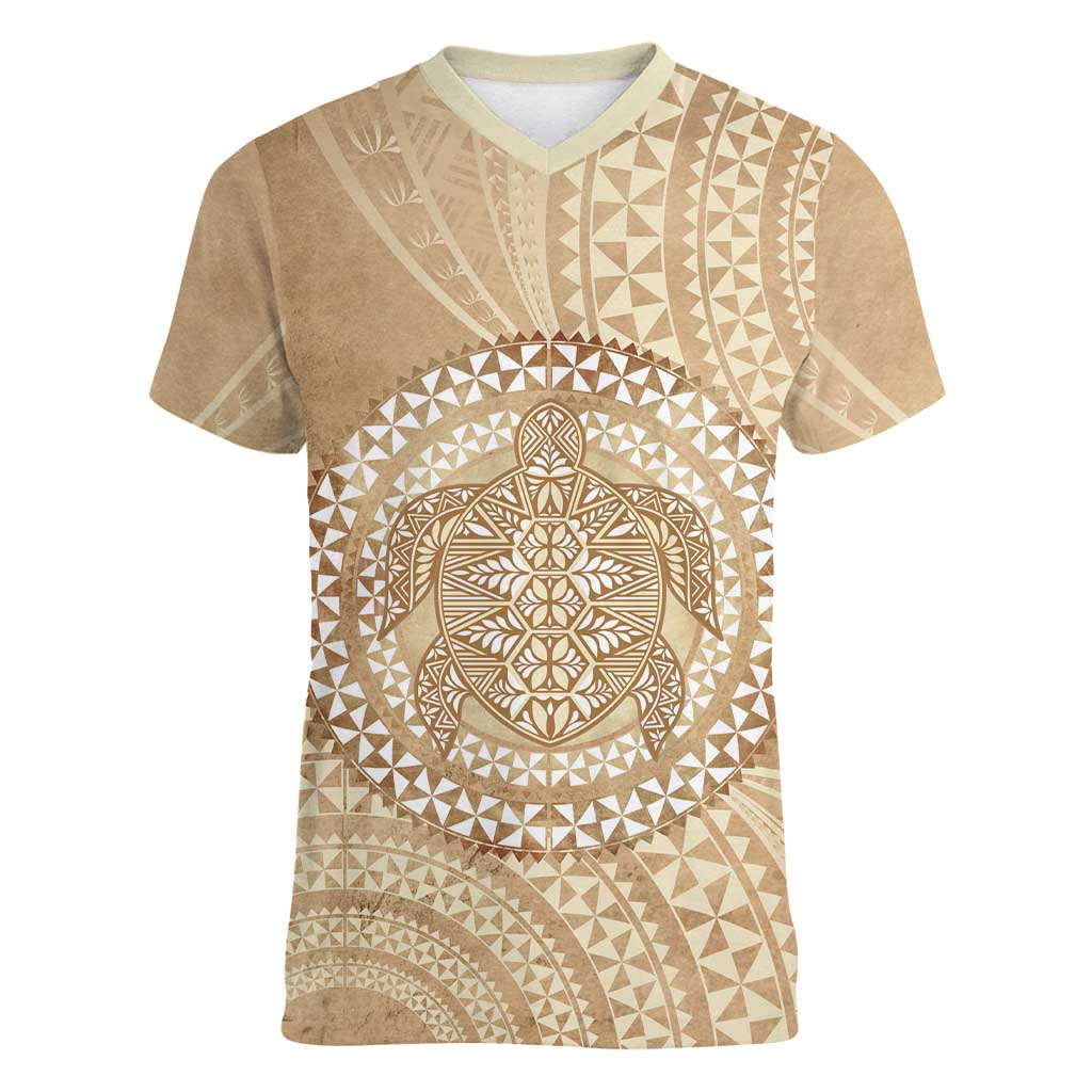 Tonga Ngatu Turtle Women V-Neck T-Shirt Vintage Tongan Tapa Cloth