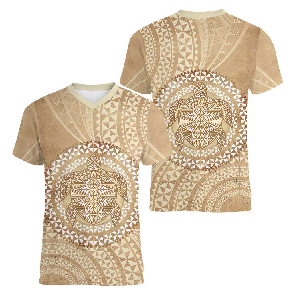 Tonga Ngatu Turtle Women V-Neck T-Shirt Vintage Tongan Tapa Cloth