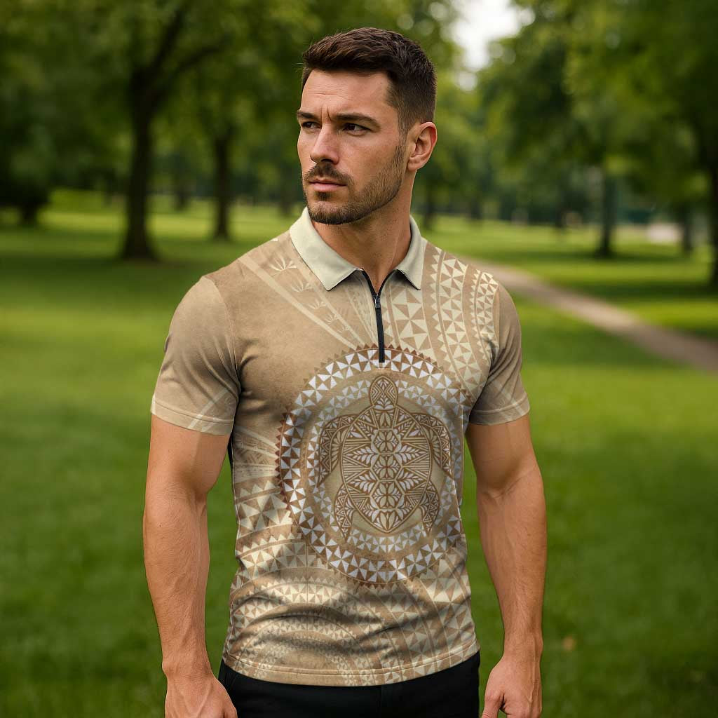 Tonga Ngatu Turtle Zipper Polo Shirt Vintage Tongan Tapa Cloth