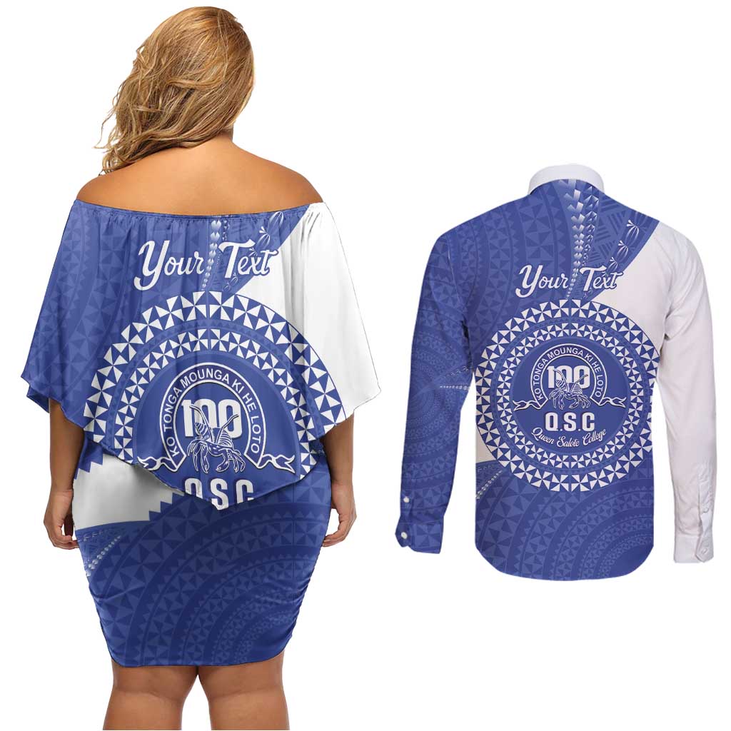 Queen Salote College 100th Anniversary Personalized Couples Matching Off Shoulder Short Dress and Long Sleeve Button Shirt Est 1926 Kolisi Fefine Tongan Ngatu Pattern