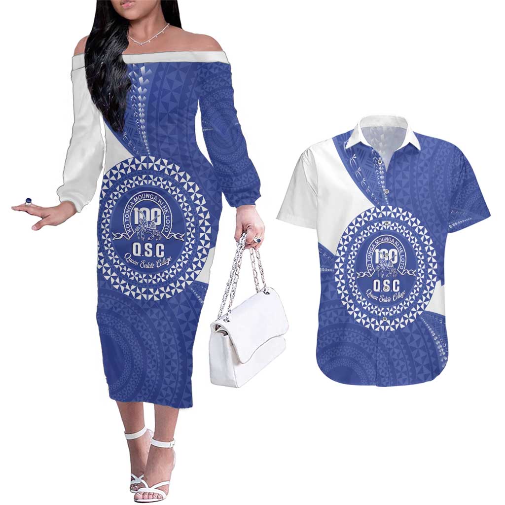 Queen Salote College 100th Anniversary Personalized Couples Matching Off The Shoulder Long Sleeve Dress and Hawaiian Shirt Est 1926 Kolisi Fefine Tongan Ngatu Pattern