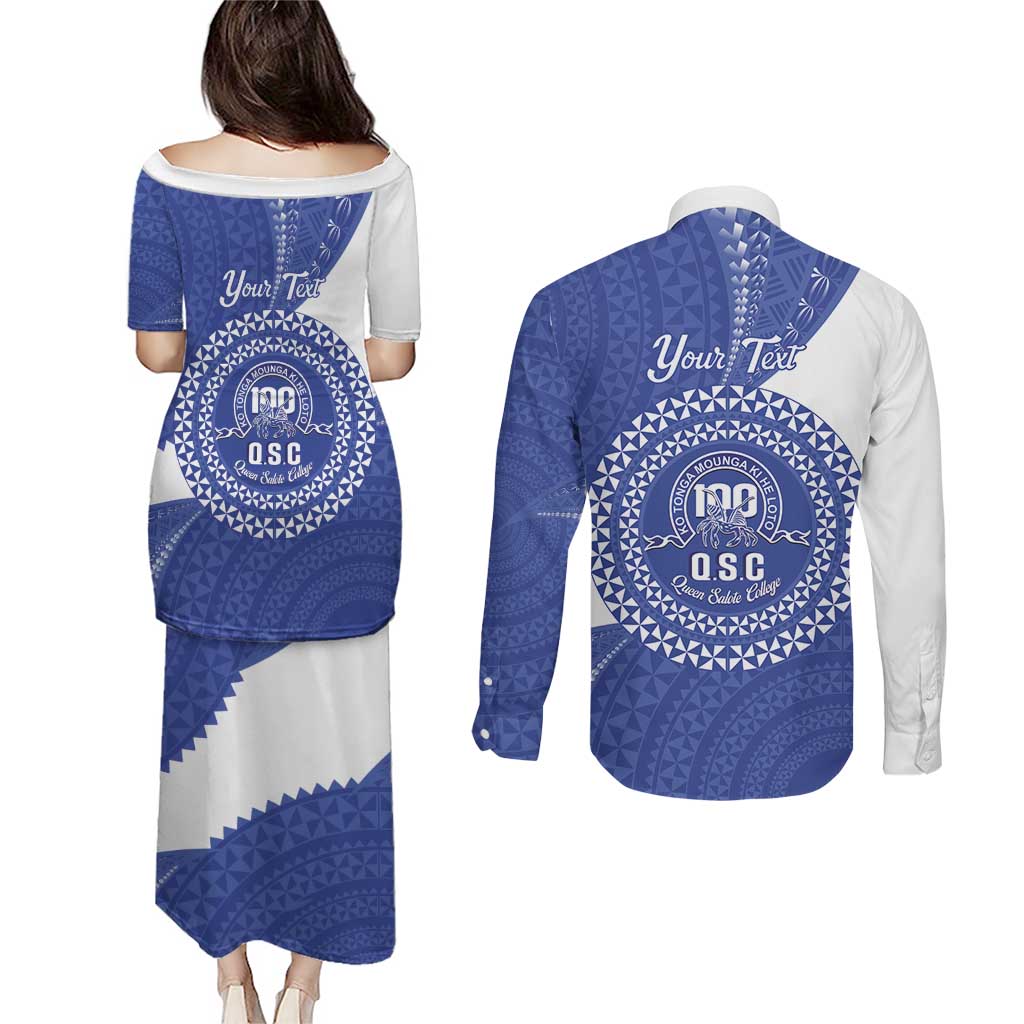Queen Salote College 100th Anniversary Personalized Couples Matching Puletasi and Long Sleeve Button Shirt Est 1926 Kolisi Fefine Tongan Ngatu Pattern