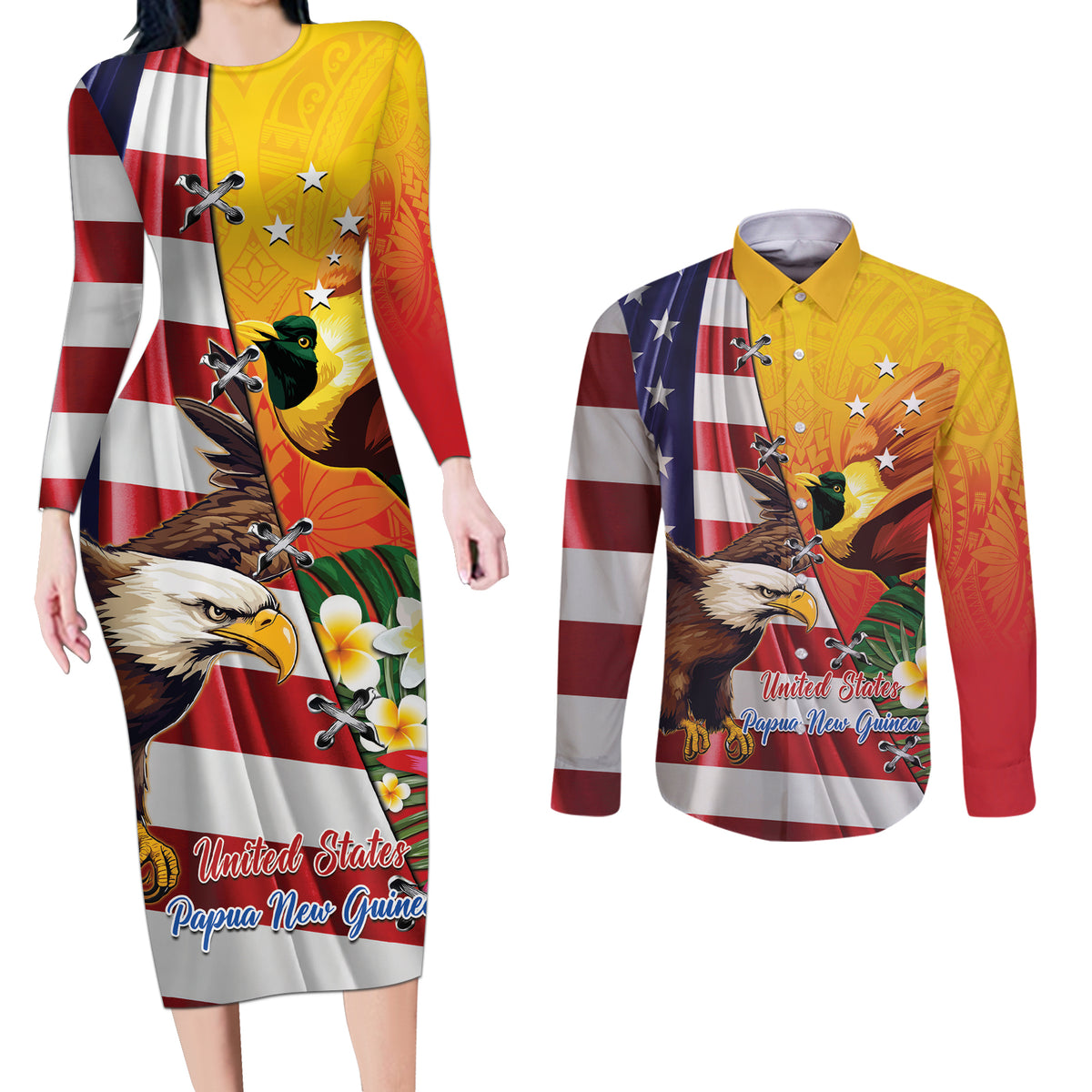Personalised United States And Papua New Guinea Couples Matching Long Sleeve Bodycon Dress and Long Sleeve Button Shirt USA Eagle With PNG Bird Of Paradise