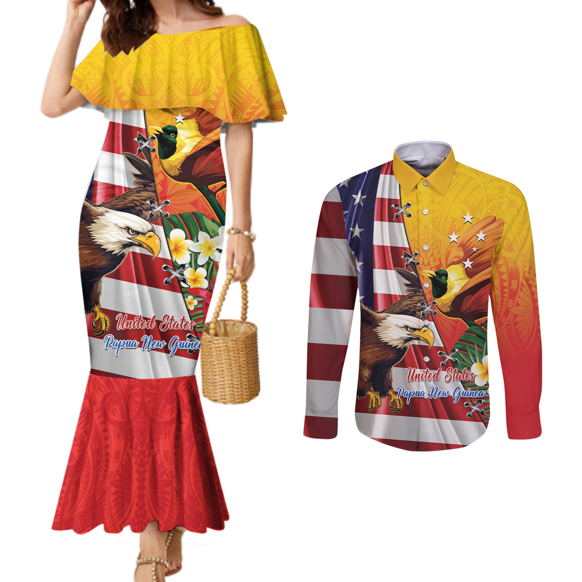 Personalised United States And Papua New Guinea Couples Matching Mermaid Dress and Long Sleeve Button Shirt USA Eagle With PNG Bird Of Paradise