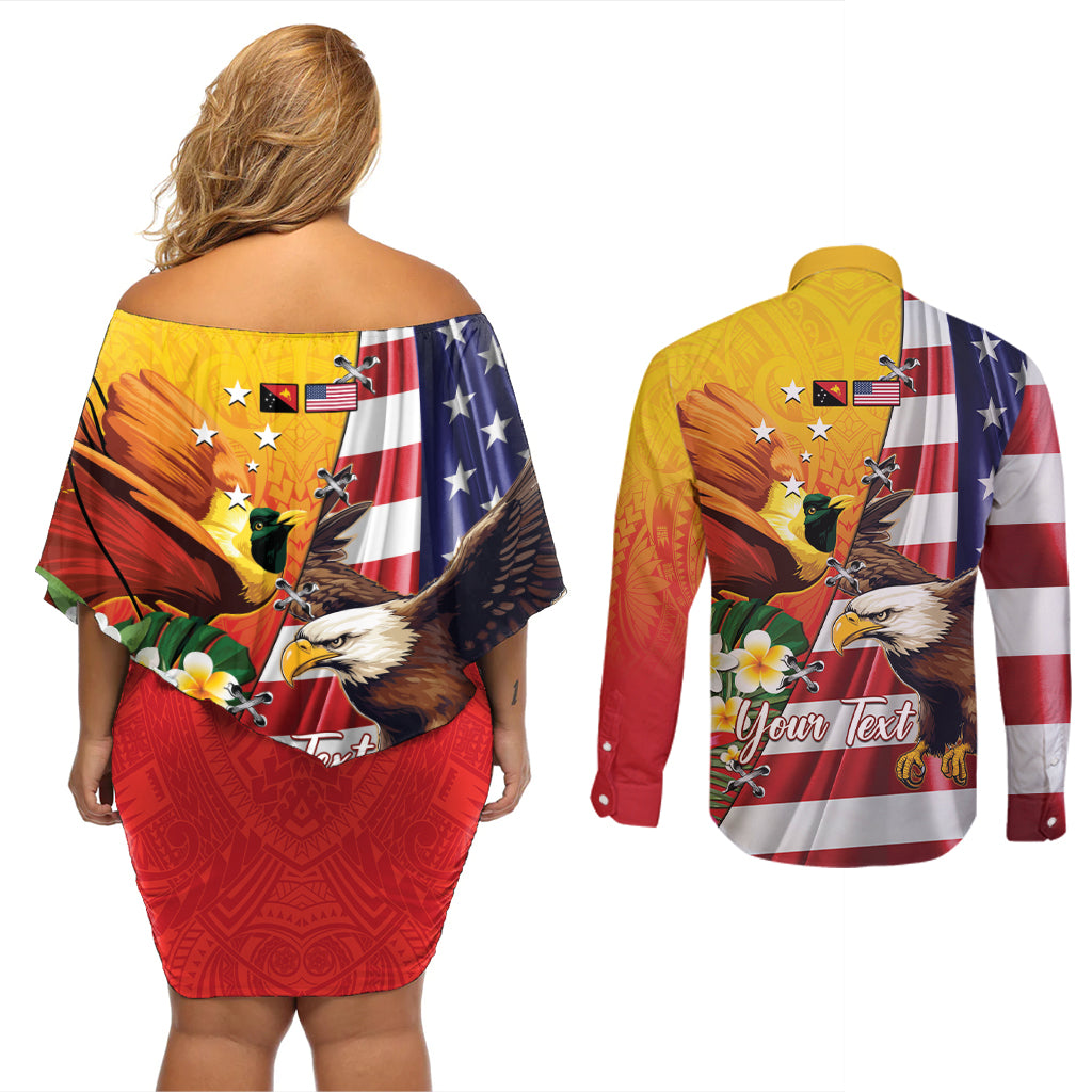 Personalised United States And Papua New Guinea Couples Matching Off Shoulder Short Dress and Long Sleeve Button Shirt USA Eagle With PNG Bird Of Paradise