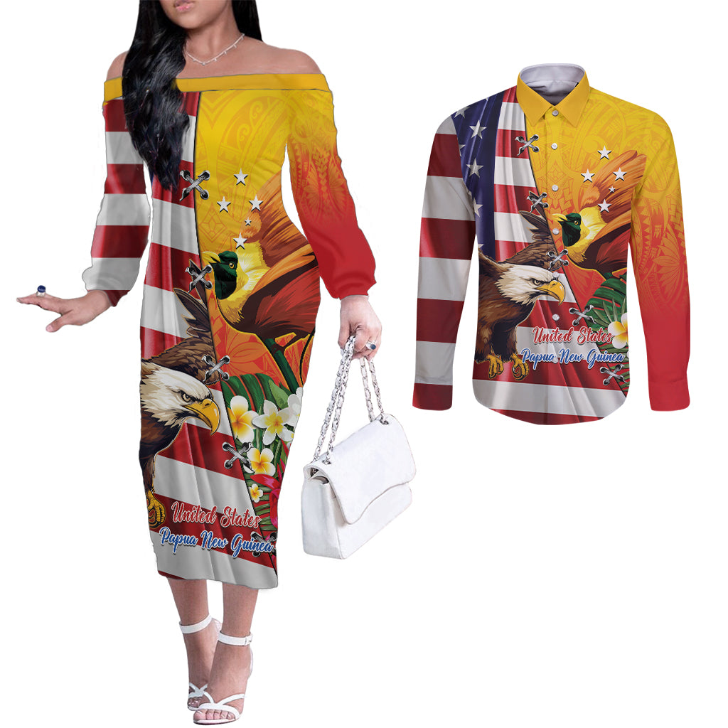 Personalised United States And Papua New Guinea Couples Matching Off The Shoulder Long Sleeve Dress and Long Sleeve Button Shirt USA Eagle With PNG Bird Of Paradise