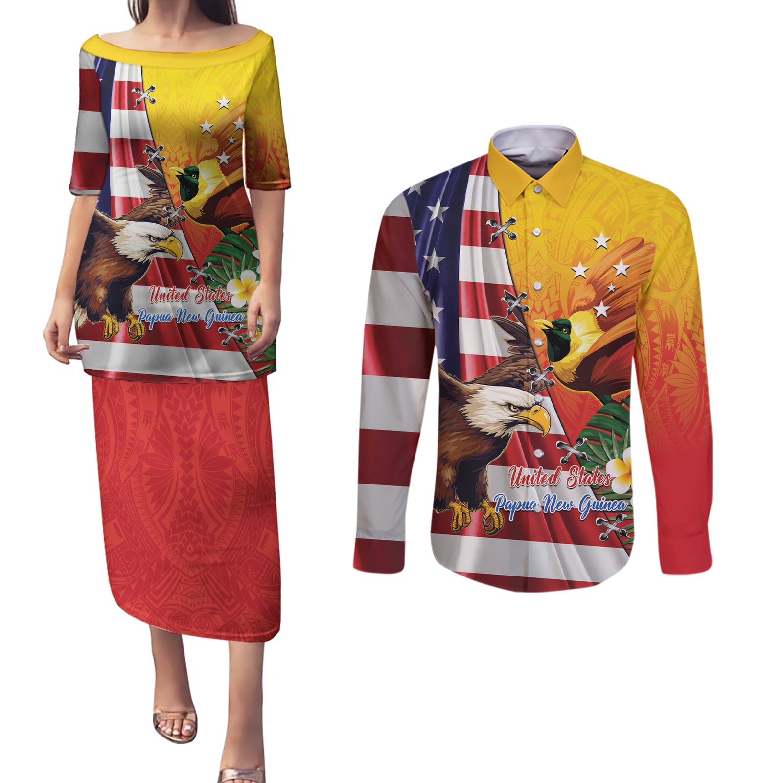 Personalised United States And Papua New Guinea Couples Matching Puletasi and Long Sleeve Button Shirt USA Eagle With PNG Bird Of Paradise