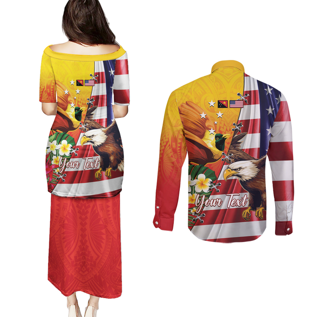 Personalised United States And Papua New Guinea Couples Matching Puletasi and Long Sleeve Button Shirt USA Eagle With PNG Bird Of Paradise